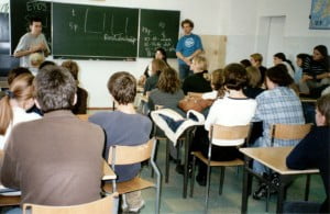 Paul speaking with students.